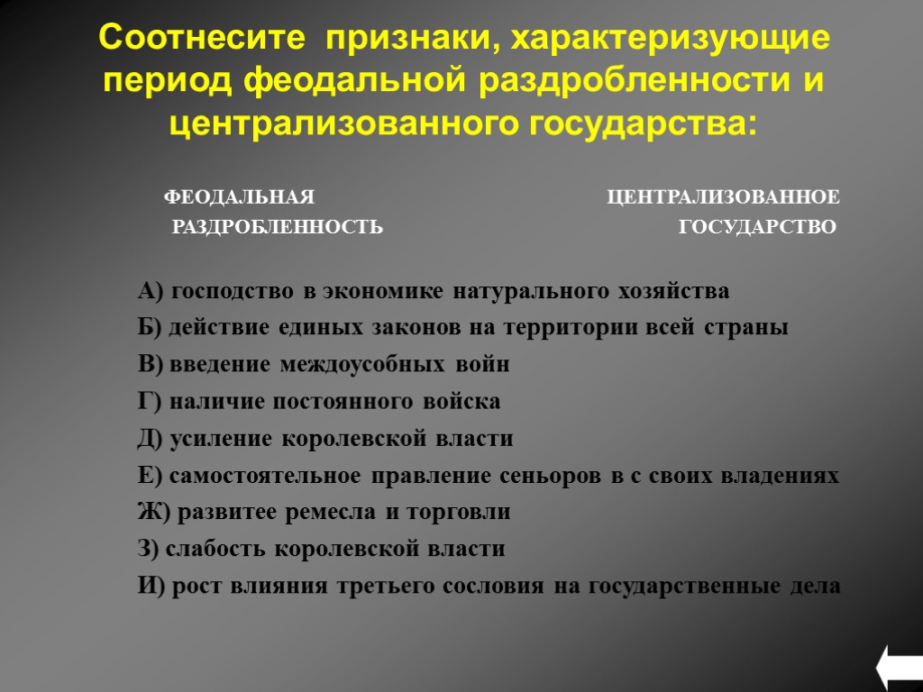 ФЕОДАЛЬНАЯ ЦЕНТРАЛИЗОВАННОЕ РАЗДРОБЛЕННОСТЬ ГОСУДАРСТВО А) господство в экономике натурального хозяйства Б) действие единых законов